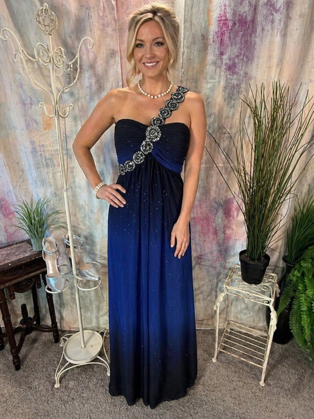 📌Xscape Sequin & Beaded One Shoulder Blue - Black Ombre Formal - Ball Dress